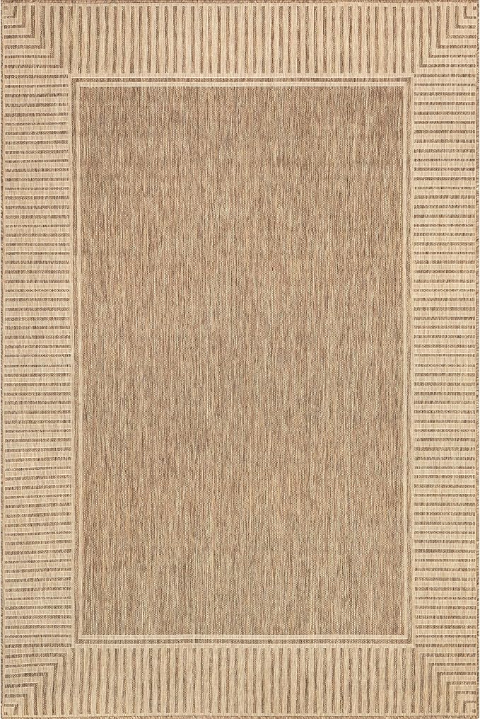 nuLOOM 6' 7" x 9' Outdoor Area Rug, Casual Design With Striped Border, Stain Resistant, Highly Durable, For Patio, Balcony, Bedroom, Living Room, Dining Room, Bathroom, Light Brown-Ruum Studio Home