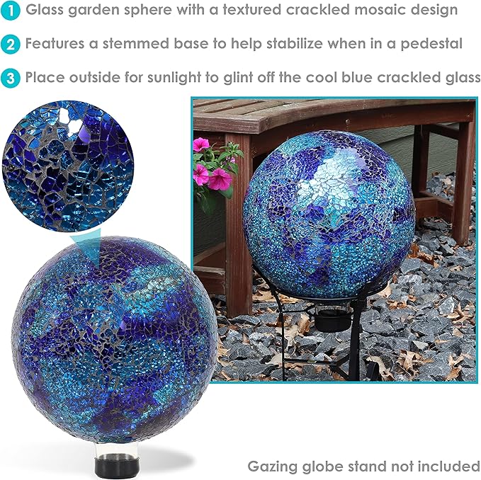 Sunnydaze 10-inch Gazing Ball for Garden - Crackled Glass Mosaic Gazing Globe for Outside - Deep Ocean Swirl Mosaic-Ruum Studio Home