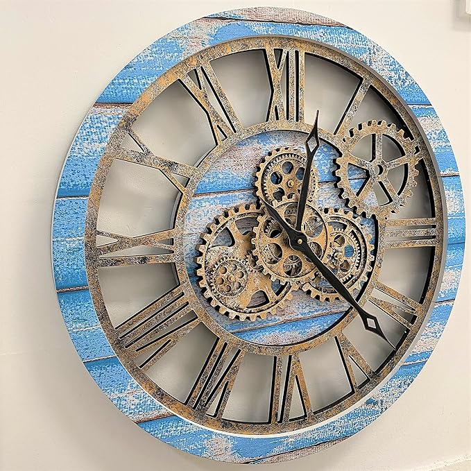 The Gears Clock The Original Real Moving Gear Wall Clock Vintage Industrial Oversized Rustic Farmhouse (24 inch (60cm), Vintage Ocean Blue and Bronze)-Ruum Studio Home
