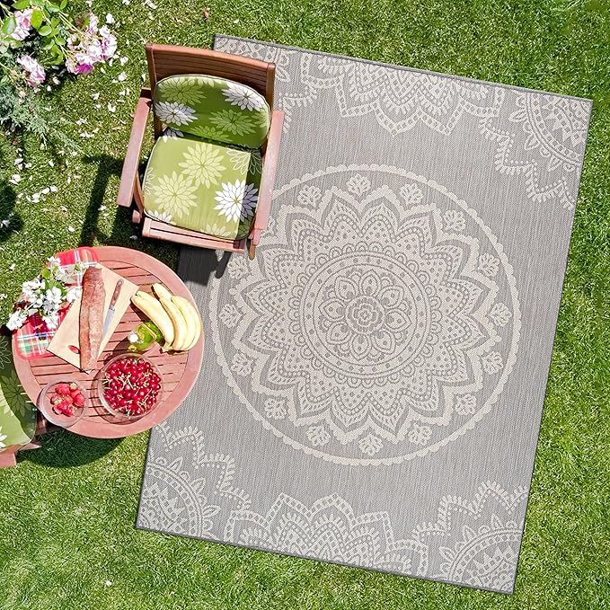 CAMILSON Outdoor Rug 5x7 Modern Area Rugs for Indoor and Outdoor Patios and Porches - Waterproof, Washable, Non-Shedding, Easy-to-Clean Outside Carpet (5 x 7, Medallion - Grey/White)-Ruum Studio Home