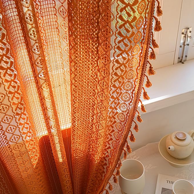 Sutuo Home Terracotta Boho Curtains for Bedroom Living Room, Crochet Lace Sheer Bohemian Style with Tassels,Window Treatment Drapes for Halloween Decor, Rod Pocket 1 Panel 59" W x 108" L, Orange-Ruum Studio Home