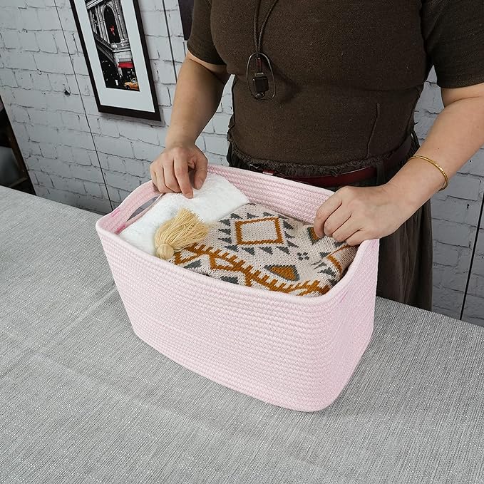 Cotton Rope storage Basket Bins Woven Basket for Organizing Shelves Rectangle Decorative Baskets For storage Clothes Toys Books Towels Square Wicker Nursery basket organizer 3 pack light pink-Ruum Studio Home