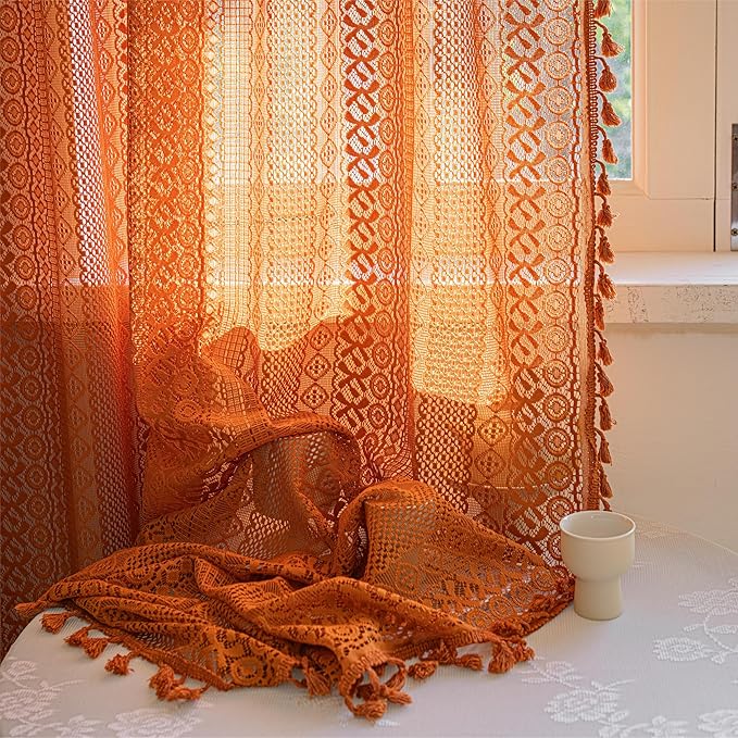 Sutuo Home Burnt Orange Boho Curtains 84 inches Long for Bedroom Living Room, Terracotta Crochet Lace Sheer Bohemian Hollow Knitted Tassels,Window Treatment Drapes Fall Decor, 1 Panel 59" W x 84" L-Ruum Studio Home