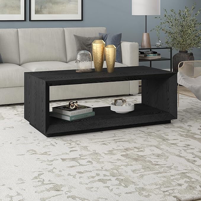 Henn&Hart 48" Rectangular Coffee Table with Open Storage Shelf for Living Room, Family Room, or Office, Black Grain-Ruum Studio Home