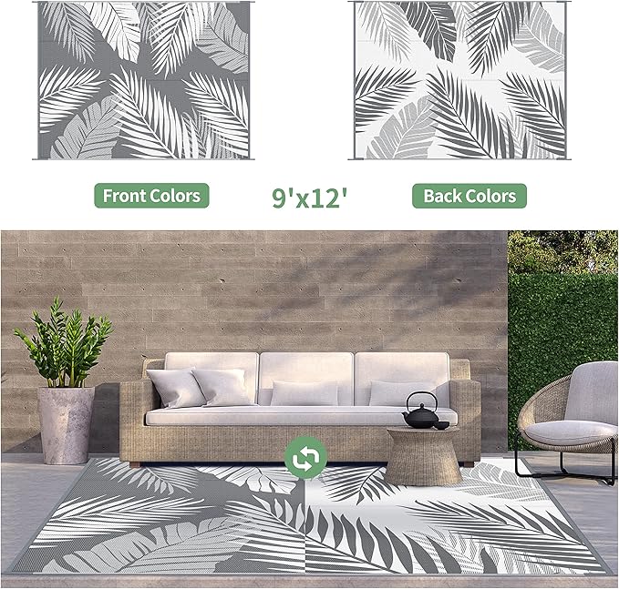 GENIMO Outdoor Rug 9' x 12' Waterproof for Patios Clearance, Reversible Plastic Straw Camping Carpet, Large Area Rugs Mats RV, Picnic, Backyard, Deck, Balcony, Porch, Beach, Grey&White-Ruum Studio Home