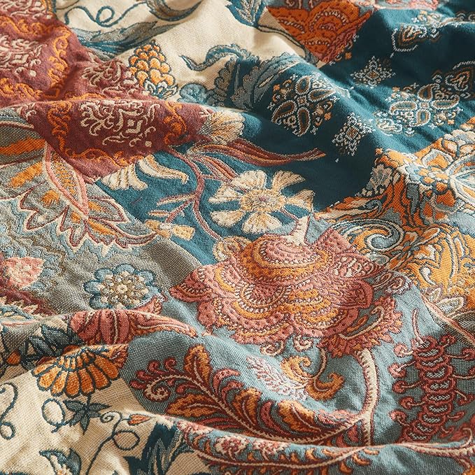 Boho Throw Blanket for Bed 80”x90”, 100% Cotton Woven Blanket for Couch Sofa, Ultra Soft 4-Layer Muslin Quilt with Patchwork Floral Printed, Farmhouse Bed Blanket/Cover for Living Room Decor-Ruum Studio Home