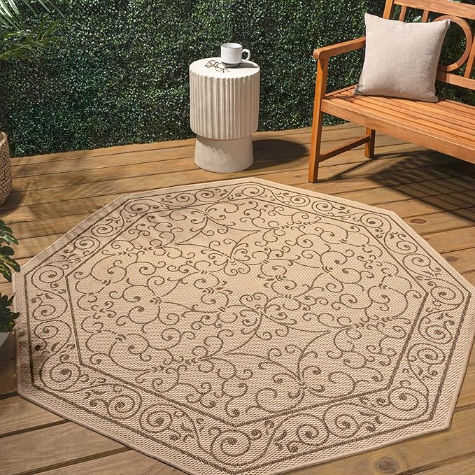 JONATHAN Y Vintage Filigree Indoor Outdoor Octagon Area Rug 8 Ft Beige/Brown, Charleston Textured Weave for Backyard, Patio, Porch, Easy-Cleaning, High Traffic, Pet-Friendly Non-Shedding SMB106A-8TGN-Ruum Studio Home