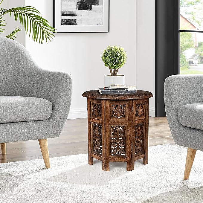 Lightnpro Handcrafted Wooden Round Accent Table - Vintage Farmhouse Octagonal Side End Table with Intricate Carvings for Living Room, Bedroom, Entryway - 18x18 Inch - Burnt-Ruum Studio Home