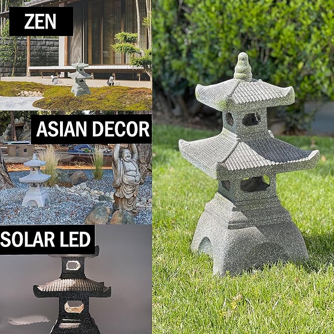Galt International 2 Tier Pagoda Garden Statue LED Solar Powered Light 26" Tall Outdoor Zen Garden Lantern Landscape Lawn Asian Pagoda Stupa Decor Grey Resin-Ruum Studio Home