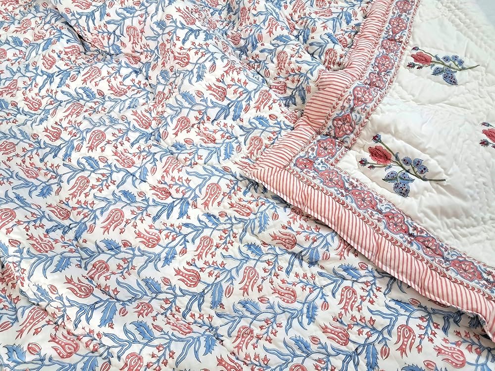 Twin Size Rose Pink Cotton Throw Blanket – 60x90 Hand Block Printed Lightweight Quilt – Soft Bedspread for Couch, Sofa & Bed – Cozy All-Season Boho Floral Blanket – Handmade in India-Ruum Studio Home