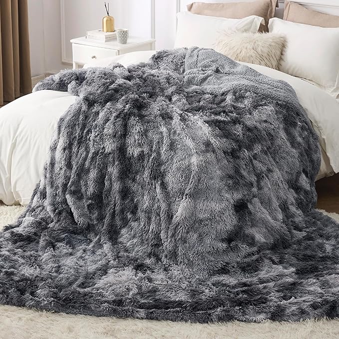 Bedsure GentleSoft Fluffy King Size Blanket for Bed, Faux Fur Fuzzy Minky Couture Warm Blanket for Winter, Thick Plush Sherpa Fleece Oversized Giant Bedding Cozy Gifts for Room, 108x90, Tie Dye Grey-Ruum Studio Home