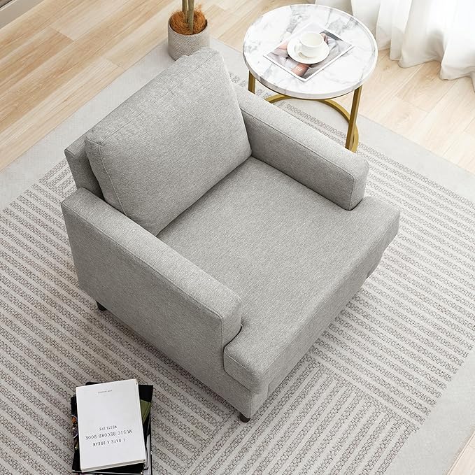 Mid-Century Accent Chair,Modern Linen Fabric Armchair for Living Room,Comfy Upholstered Reading Accent Chairs for Bedroom,Single Sofa Chair with Wood Legs (Light Grey, 1 Pack)-Ruum Studio Home