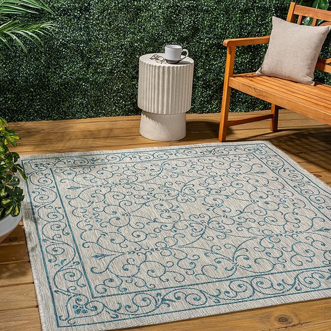 JONATHAN Y Vintage Filigree Indoor Outdoor Square Area Rug 8X8 Gray/Teal, Charleston Textured Weave for Backyard, Patio, Porch, Easy-Cleaning, High Traffic, Pet-Friendly, Non-Shedding (SMB106E-8SQ)-Ruum Studio Home