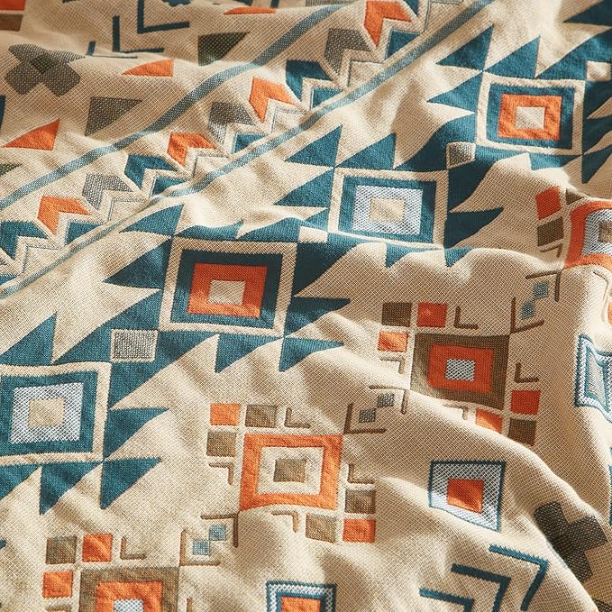 Boho Throw Blanket for Bed 80”x90”, 100% Cotton Woven Blanket for Couch Sofa, Ultra Soft 4-Layer Muslin Quilt with Diamond Pattern, Farmhouse Bed Blanket/Cover for Living Room Decor-Ruum Studio Home