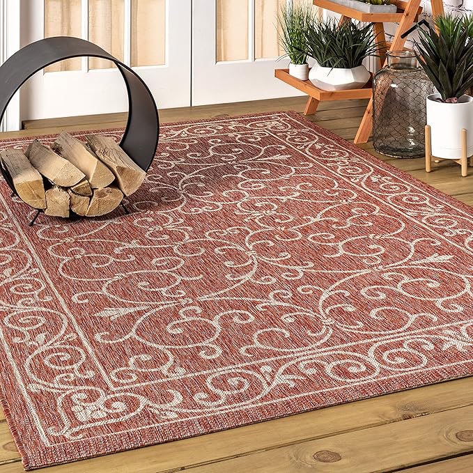 JONATHAN Y Vintage Filigree Indoor Outdoor Area Rug 9X12 Red/Beige, Charleston Textured Weave for Backyard, Patio, Porch, Easy-Cleaning, High Traffic, Pet-Friendly, Non-Shedding (SMB106B-9)-Ruum Studio Home