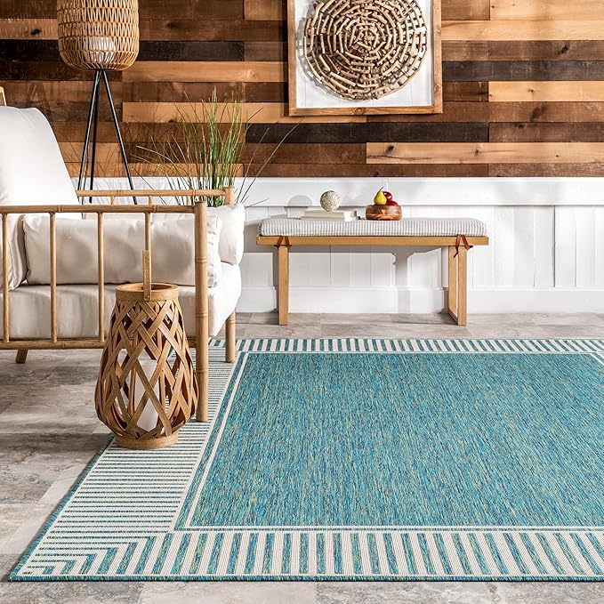nuLOOM 5' x 8' Outdoor Area Rug, Casual Design With Striped Border, Stain Resistant, Highly Durable, For Patio, Balcony, Bedroom, Living Room, Dining Room, Bathroom, Teal-Ruum Studio Home