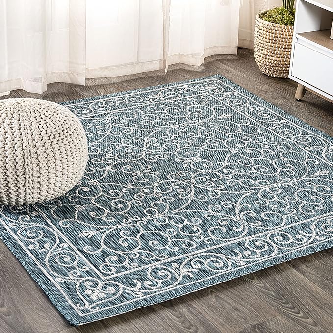JONATHAN Y Vintage Filigree Indoor Outdoor Square Area Rug 5X5 Teal/Gray, Charleston Textured Weave for Backyard, Patio, Porch, Easy-Cleaning, High Traffic, Pet-Friendly, Non-Shedding (SMB106F-5SQ)-Ruum Studio Home