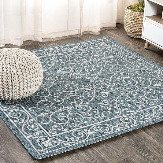 JONATHAN Y Vintage Filigree Indoor Outdoor Square Area Rug 9X9 Teal/Gray, Charleston Textured Weave for Backyard, Patio, Porch, Easy-Cleaning, High Traffic, Pet-Friendly, Non-Shedding (SMB106F-9SQ)-Ruum Studio Home