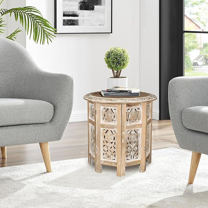 Lightnpro Hand Carved Solid Mango Wood Octagonal Accent Table - 18"×18" White Wash Farmhouse Vintage Home Décor Round End Table for Living Room, Bedroom, Entryway - Rustic Boho Side Table-Ruum Studio Home