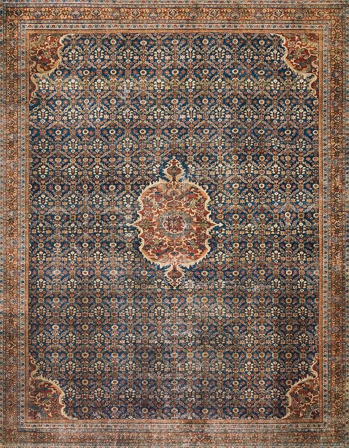 Loloi Layla Collection LAY-09 Cobalt Blue/Spice 9'-0" x 12'-0" .13" Thick Area Rug, Soft, Durable, Vintage Inspired, Distressed, Low Pile, Non-Shedding, Easy Clean, Printed, Living Room Rug-Ruum Studio Home