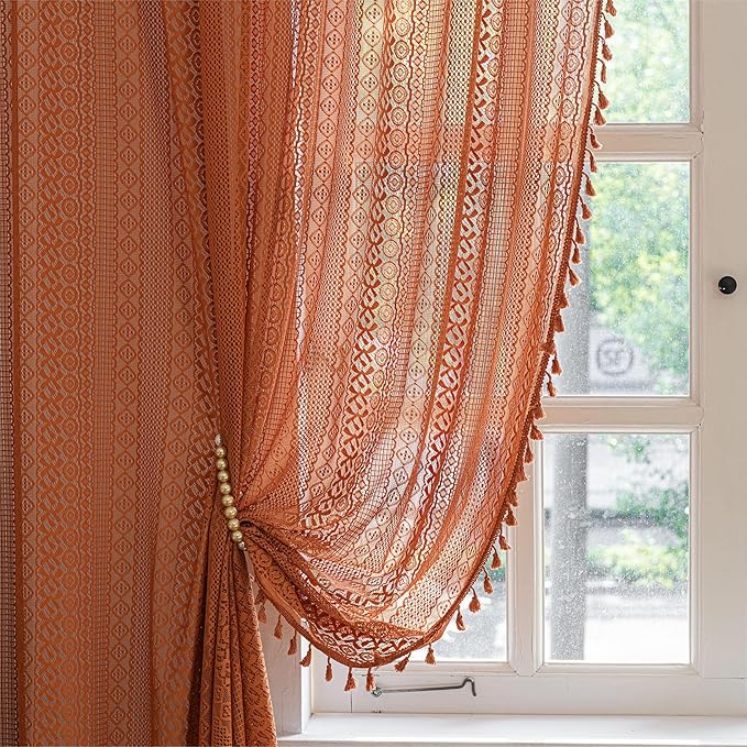 Sutuo Home Burnt Orange Boho Curtains 90 inches Long for Bedroom Living Room, Terracotta Crochet Lace Sheer Bohemian Knitted with Fringes,Window Treatment Drapes, Rod Pocket 1 Panel 59" W x 90" L-Ruum Studio Home