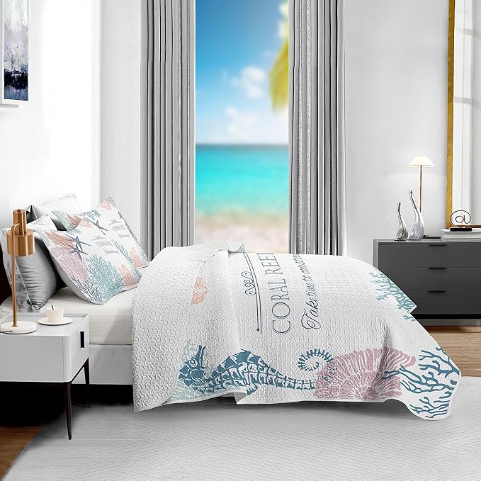 Coastal Bedding Queen Size with 2 Shams, Nautical Beach Comforter Sets Ocean Bedspreads Coastal Coverlet Summer Bedding, 90''x96''-Ruum Studio Home