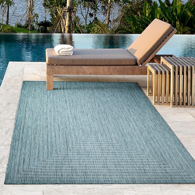 Adiva Rugs Outdoor Indoor Area Rug, Weather Resistant, Easy to Clean, Stain Resistant Floor Mat for Dining Room, Backyard, Deck, Patio (Aqua Weiss, 10' x 14')-Ruum Studio Home
