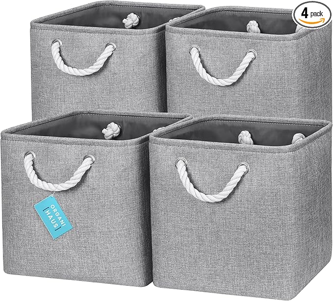 OrganiHaus 11x11 Cube Storage Bins 4 Pack, Foldable Cube Storage Organizer w/ Rope Handles, Collapsible Fabric Bins for Toys, Clothes & Closet Organization, Fabric Square Baskets - Gray-Ruum Studio Home
