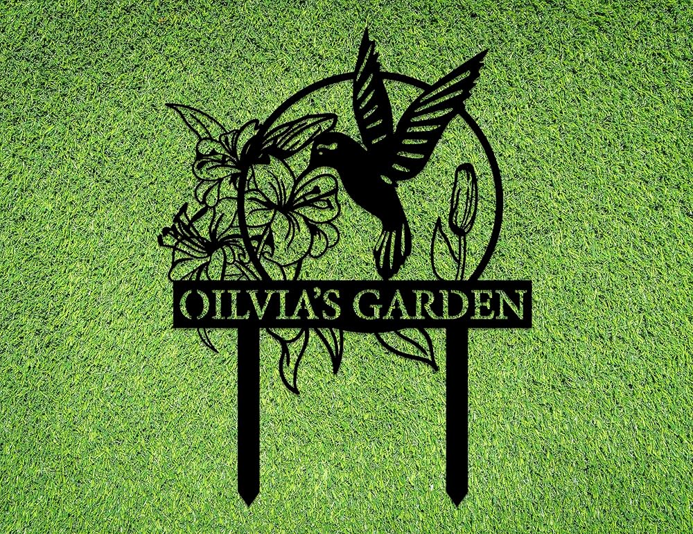 Custom Hummingbird Metal Garden Decor, Personalized Bird with Stakes Garden Sign, Flower Design Personalized Garden Sign, Custom Garden Name Sign, Home Gift, Large Outdoor Decor, Patio Decor-Ruum Studio Home