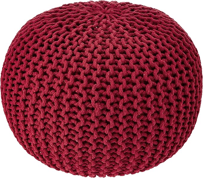 REDEARTH Round Pouf Ottoman - Hand Knitted Cable Boho Poof - Foot Stool Bean Bag - Home Décor Stuffed Footrest for Living Room - Nursery - Bedroom - 100% Cotton Poufs (19.5"x19.5"x14") - Red-Ruum Studio Home