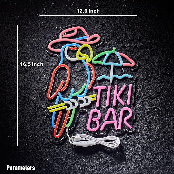 Tiki Bar Parrot Neon Sign for Wall Decor Hawaii Beach Bar LED Light up Signs with Dimmer for Pub Party Man Cave Room Art Decor Gift-Ruum Studio Home