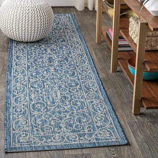 JONATHAN Y Vintage Filigree Indoor Outdoor Runner Rug 2X8 Navy/Gray, Charleston Textured Weave for Backyard, Patio, Porch, Easy-Cleaning, High Traffic, Pet-Friendly, Non-Shedding (SMB106D-28)-Ruum Studio Home