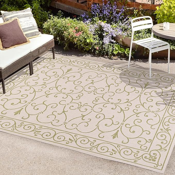 JONATHAN Y Vintage Filigree Indoor Outdoor Area Rug 3X5 Cream/Green, Charleston Textured Weave for Backyard, Patio, Porch, Easy-Cleaning, High Traffic, Pet-Friendly, Non-Shedding (SMB106I-3)-Ruum Studio Home