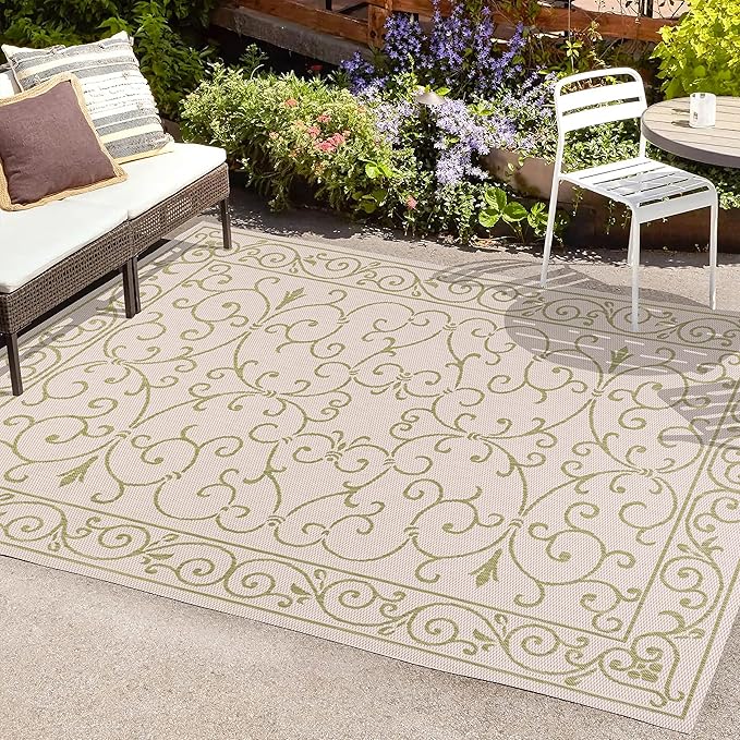 JONATHAN Y Vintage Filigree Indoor Outdoor Area Rug 5X8 Cream/Green, Charleston Textured Weave for Backyard, Patio, Porch, Easy-Cleaning, High Traffic, Pet-Friendly, Non-Shedding (SMB106I-5)-Ruum Studio Home