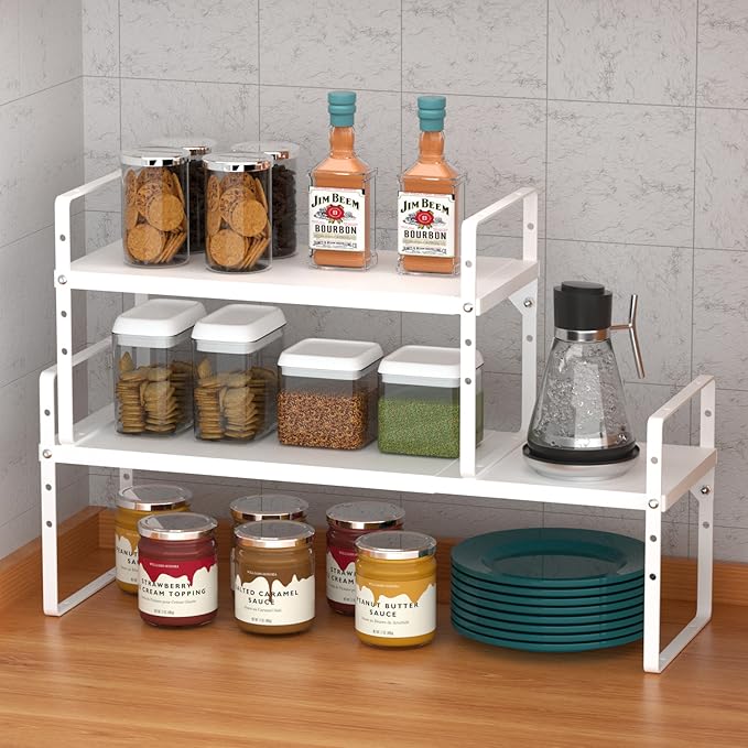 iPEGTOP Expandable Cabinet Storage Shelf Organizer Rack, Heavy Duty Cupboard Stand Spice Rack Adjustable Height Garage Pantry Shelf Space Riser for Counter Kitchen Organization, White, 2 Pack-Ruum Studio Home