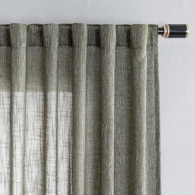 MYSKY HOME 90 Inches Long Living Room Curtains Farmhouse Light Filtering Privacy Curtain Drapes for Patio Door, Linen Look Texture Fabric Bohemian Draperies Soft Touch, 100x90, Olive Green, 1 Panel-Ruum Studio Home