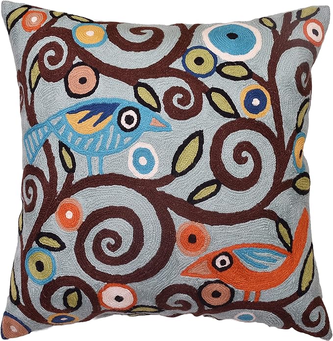 Tree of Life Birds Pillow Cover Teal Blue Floral Pillowcase Botanical Floral Outdoor Suzani Cushions Traditional Flower Cushion Hand Embroidered Cushions Wool Size - 18x18-Ruum Studio Home