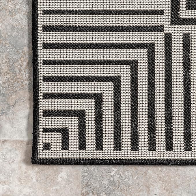 nuLOOM 9'6" x 12' Outdoor Area Rug, Casual Design With Striped Border, Stain Resistant, Highly Durable, For Patio, Balcony, Bedroom, Living Room, Dining Room, Bathroom, Black-Ruum Studio Home