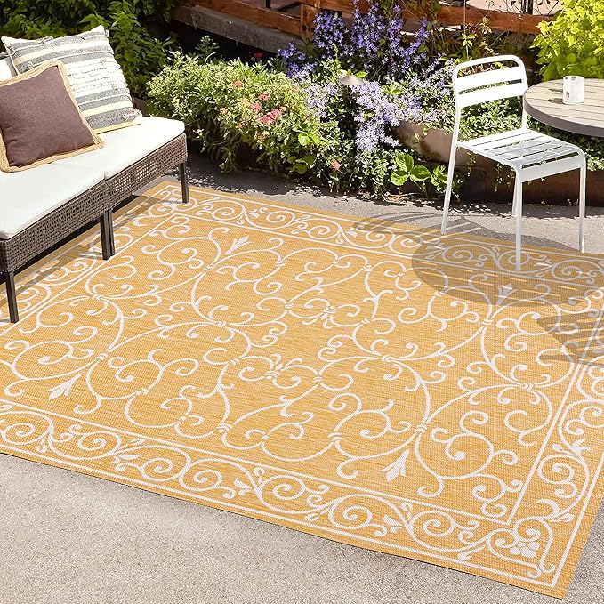 JONATHAN Y Vintage Filigree Indoor Outdoor Area Rug 9X12 Yellow/Cream, Charleston Textured Weave for Backyard, Patio, Porch, Easy-Cleaning, High Traffic, Pet-Friendly, Non-Shedding (SMB106L-9)-Ruum Studio Home