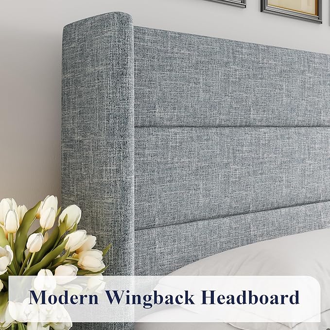 Allewie King Size Lift Up Storage Bed, Modern Wingback Headboard, Hydraulic Support, No Box Spring Needed, Grey Blue-Ruum Studio Home