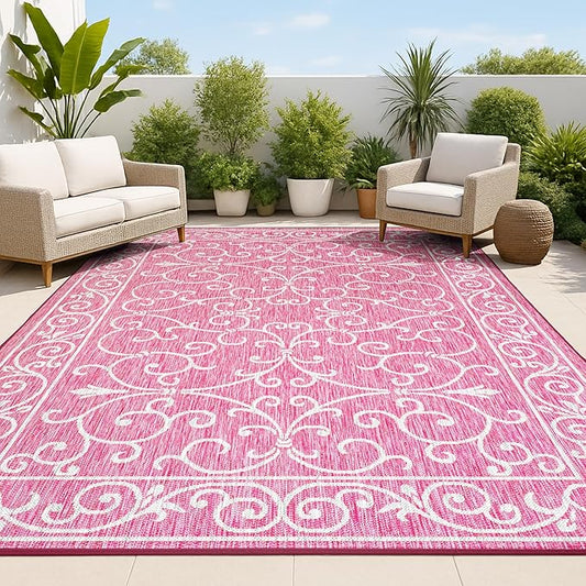 JONATHAN Y Vintage Filigree Indoor Outdoor Area Rug 4X6 Fuchsia/Light Gray, Charleston Textured Weave for Backyard, Patio, Porch, Easy-Cleaning, High Traffic, Pet-Friendly, Non-Shedding (SMB106J-4)-Ruum Studio Home