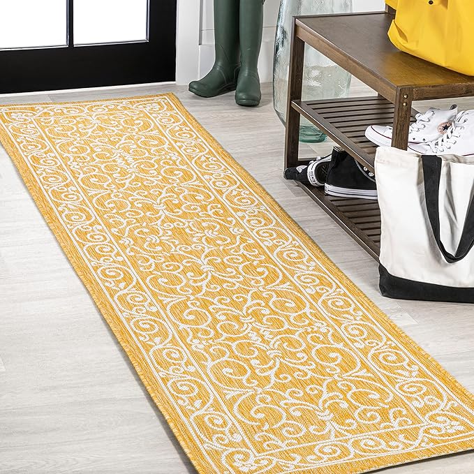JONATHAN Y Vintage Filigree Indoor Outdoor Runner Rug 2X8 Yellow/Cream, Charleston Textured Weave for Backyard, Patio, Porch, Easy-Cleaning, High Traffic, Pet-Friendly, Non-Shedding (SMB106L-28)-Ruum Studio Home