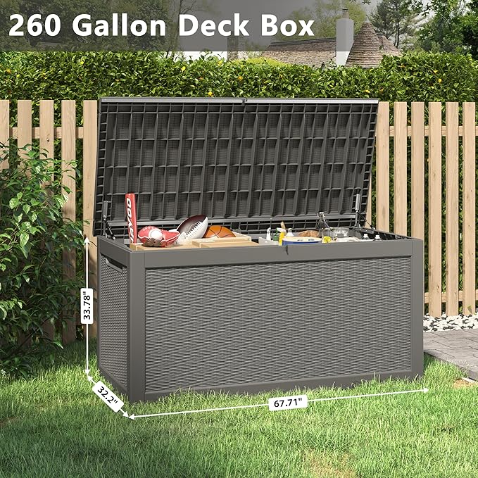 260 Gallon Resin Deck Box, Large Indoor and Outdoor Storage Box, Weatherproof and UV Resistant Outdoor Storage Box with Built-in Steel Beams for Patio Cushions, Pool Supplies-Ruum Studio Home