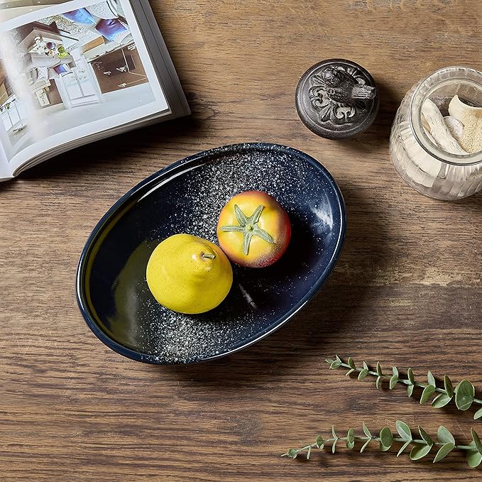 Oval Ceramic Decorative Bowl, Key Dish for Entryway Table, Small Home Decor Accent, Trinket Tray for Office Home Decor Gift (10'' Starrysky Blue with Glaze Layer)-Ruum Studio Home