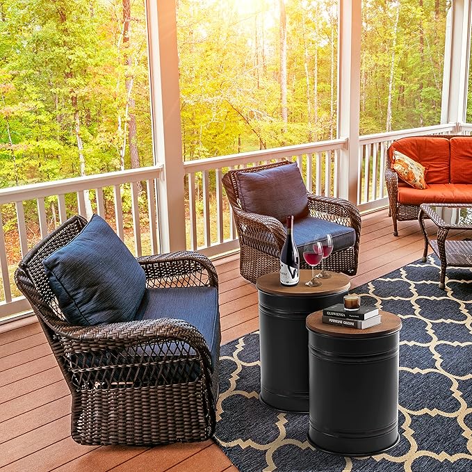 Rustic Storage Ottoman Seat Stool, Farmhouse Accent Side Table, Antique Galvanized Metal End Table Box Bin with Round Wooden Lid Set of 2 (Black)-Ruum Studio Home