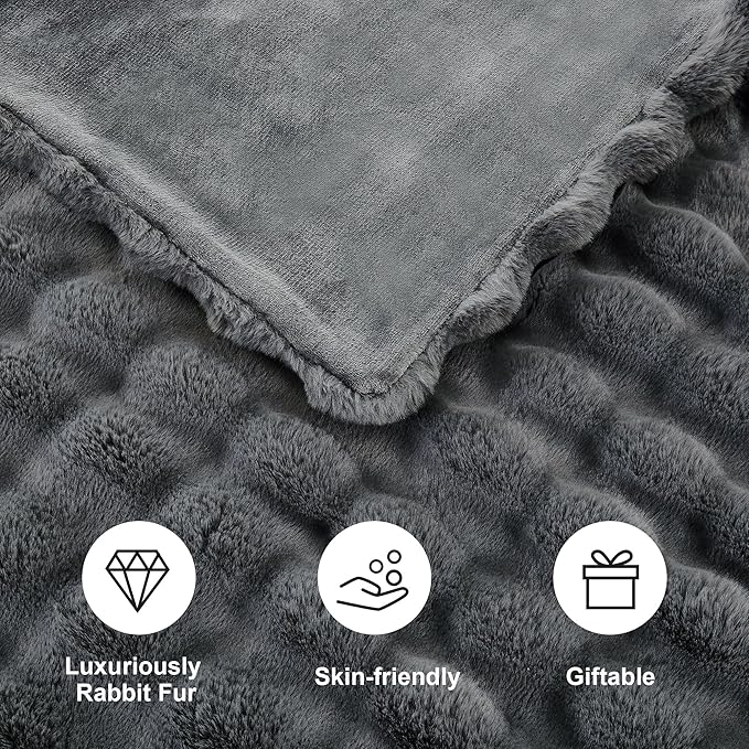 DREAMNINE Large Soft Thick Fuzzy Bubble Faux Rabbit Fur Bed Blanket Queen Size 80" x 90",Reversible Gray Plush Big Warm Shaggy Fluffy Blankets for Sofa, Solid Luxury Cozy Cute Bumpy Furry Blanket,Grey-Ruum Studio Home