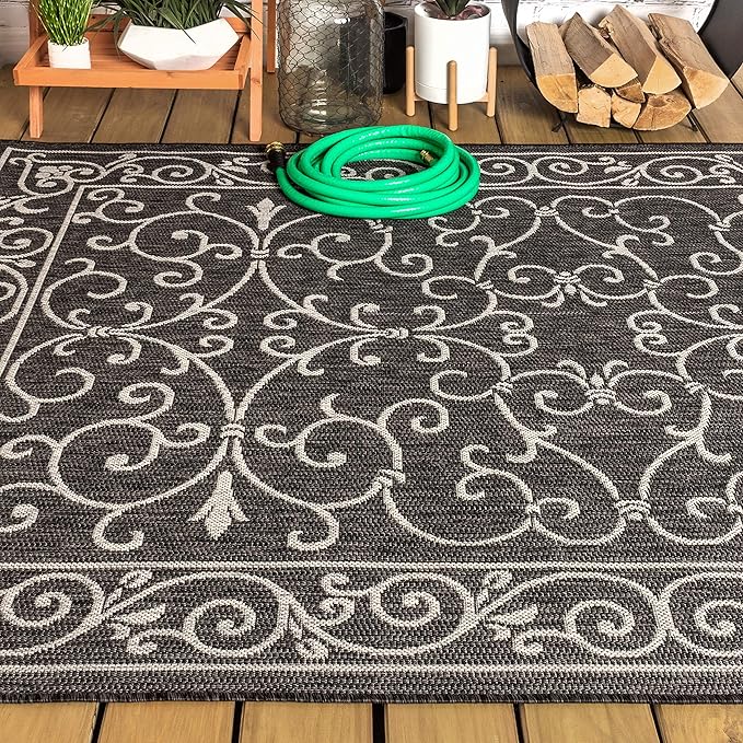 JONATHAN Y Vintage Filigree Indoor Outdoor Area Rug 3X5 Black/Gray, Charleston Textured Weave for Backyard, Patio, Porch, Easy-Cleaning, High Traffic, Pet-Friendly, Non-Shedding (SMB106G-3)-Ruum Studio Home