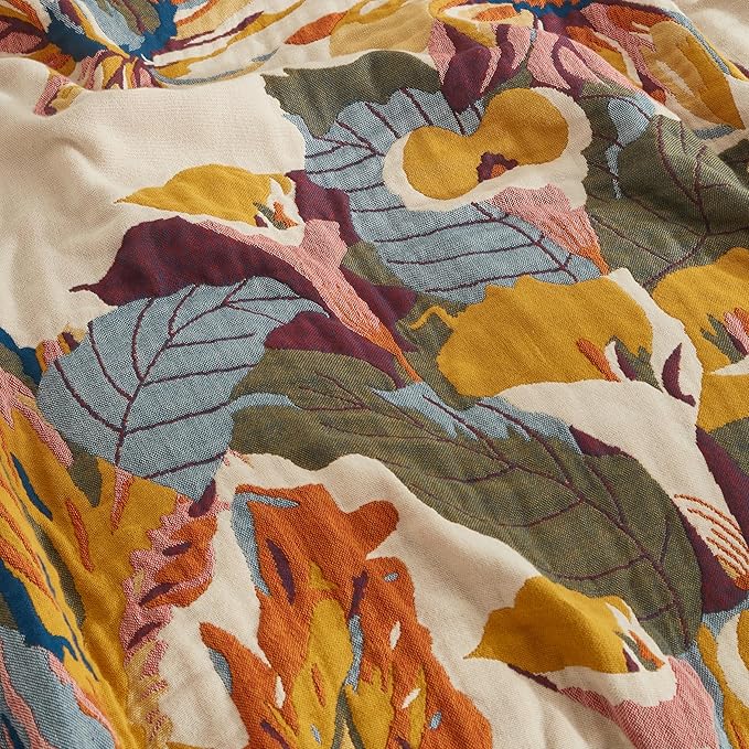 Boho Throw Blanket for Bed 80”x90”, 100% Cotton Woven Blanket for Couch Sofa, Ultra Soft 4-Layer Muslin Quilt with Vintage Floral Printed, Farmhouse Bed Blanket/Cover for Living Room Decor-Ruum Studio Home