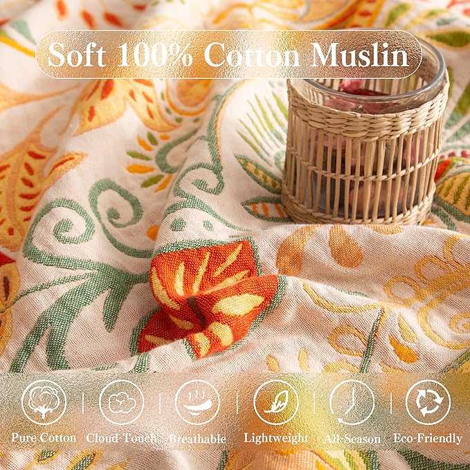 Boho Throw Blanket Queen Size, Oversized Soft Cozy Cotton Muslin Quilt Blanket for Bed Decor, Floral Patterned Couch Sofa Chair Cover, Vintage Farmhouse Cottage Woven Blanket, Coral&Green-Ruum Studio Home