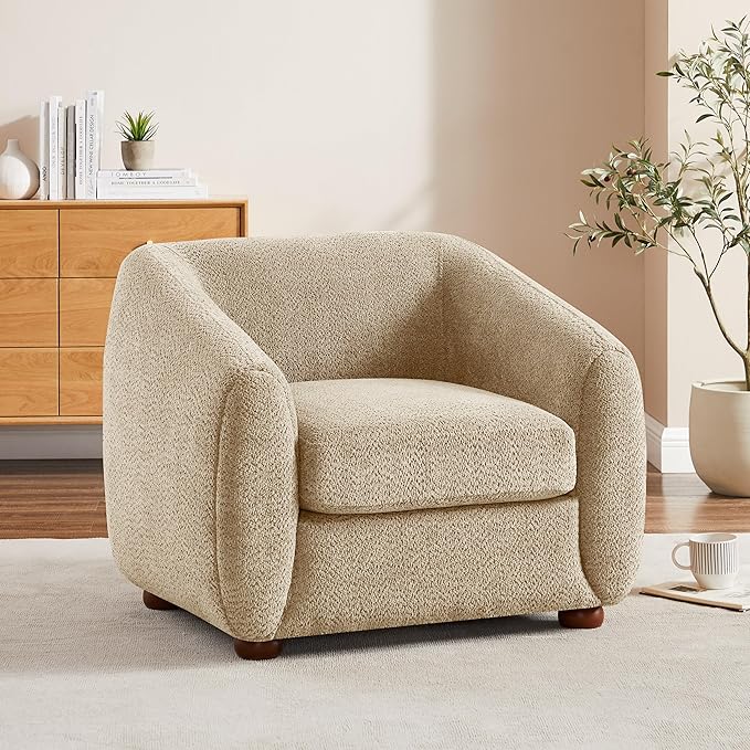 Modern Accent Chair for Living Room, Upholstered Armchair with Linen Fabric, Single Sofa Chair with Solid Wood Legs, Boucle, Camel-Ruum Studio Home